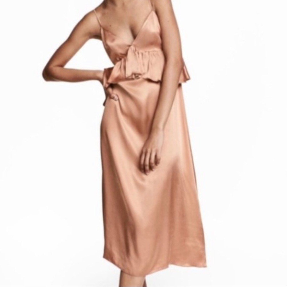 H&M Rose Gold Blush Ruffle Satin Slip Midi Dress